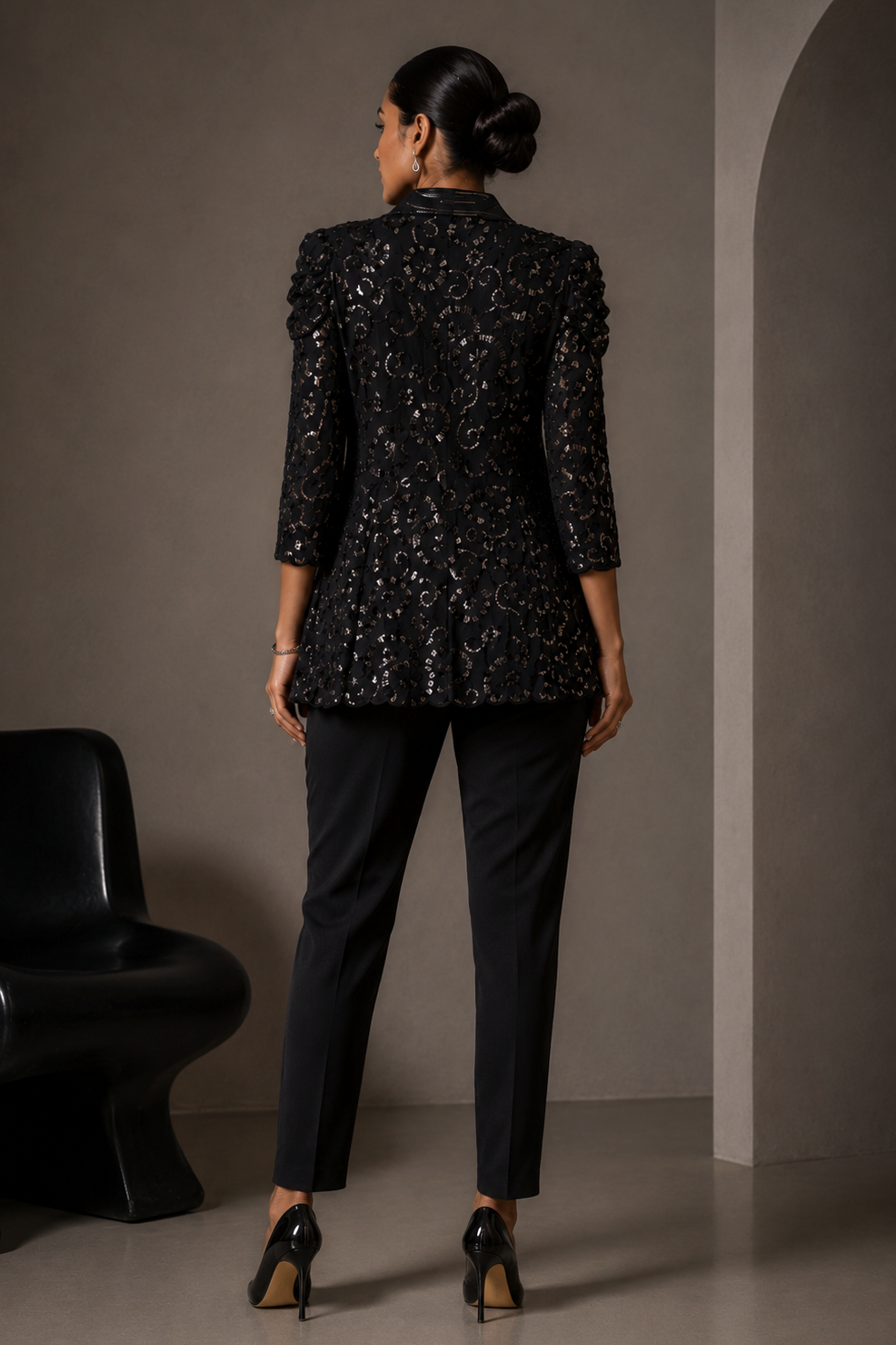 Nalki Embroidery Long Jacket Set - BLACK