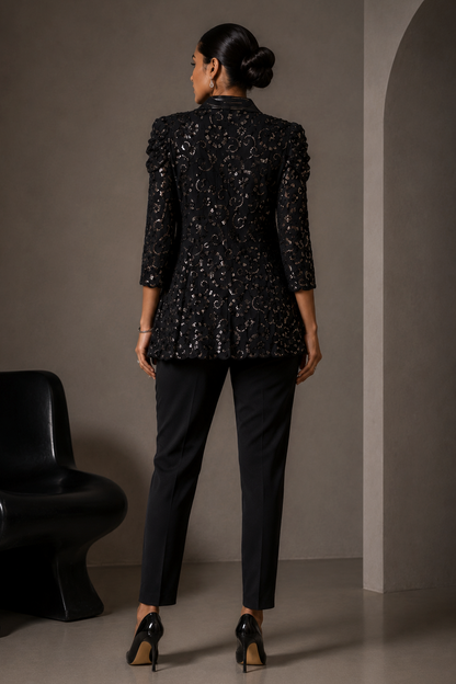 Nalki Embroidery Long Jacket Set - BLACK