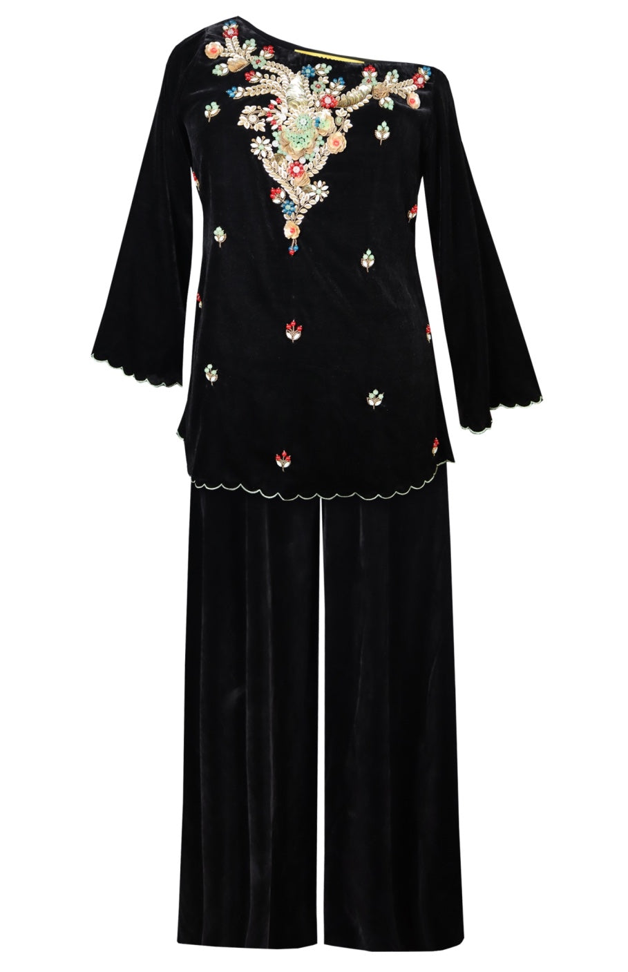 Off Shoulder Velvet Top With Sharara - BLACK