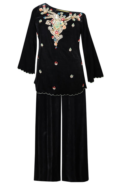 Off Shoulder Velvet Top With Sharara - BLACK
