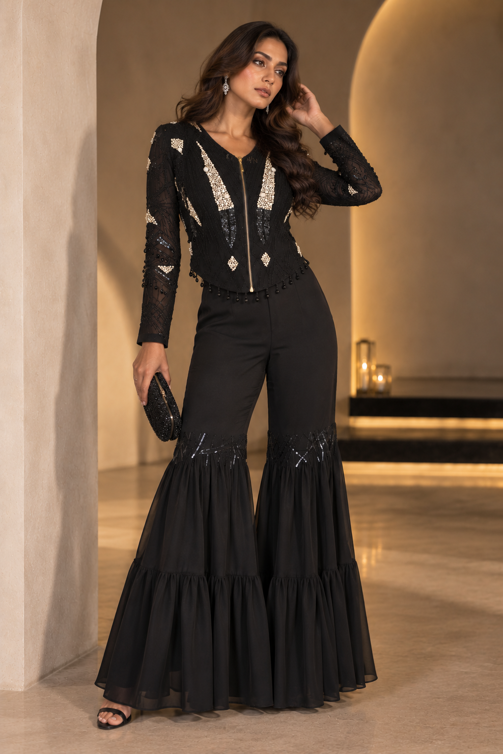 Tulle Embroidered Jacket With Tiered Pants