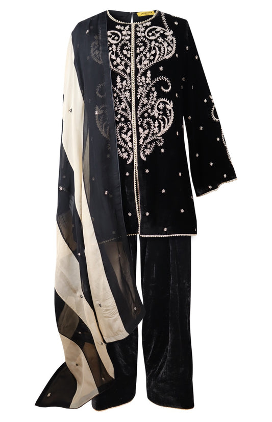 Velvet Farshi Suit With Beads Embroidery - BLACK