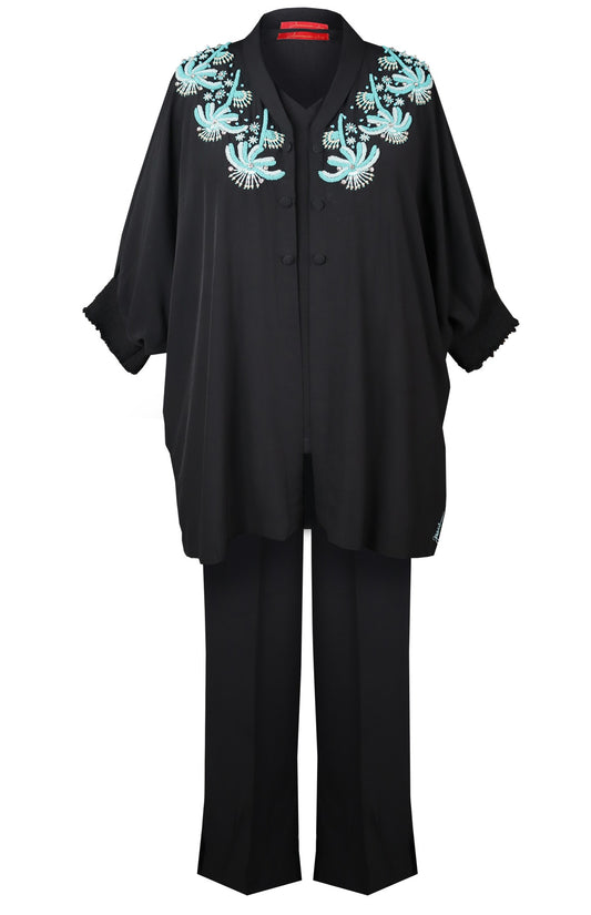 Beaded Palm 3 Pcs Co-ord Set - BLACK
