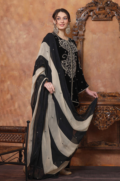 Velvet Farshi Suit With Beads Embroidery