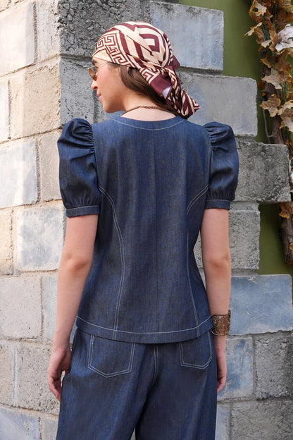Denim Top With Puff Sleeves - NAVY