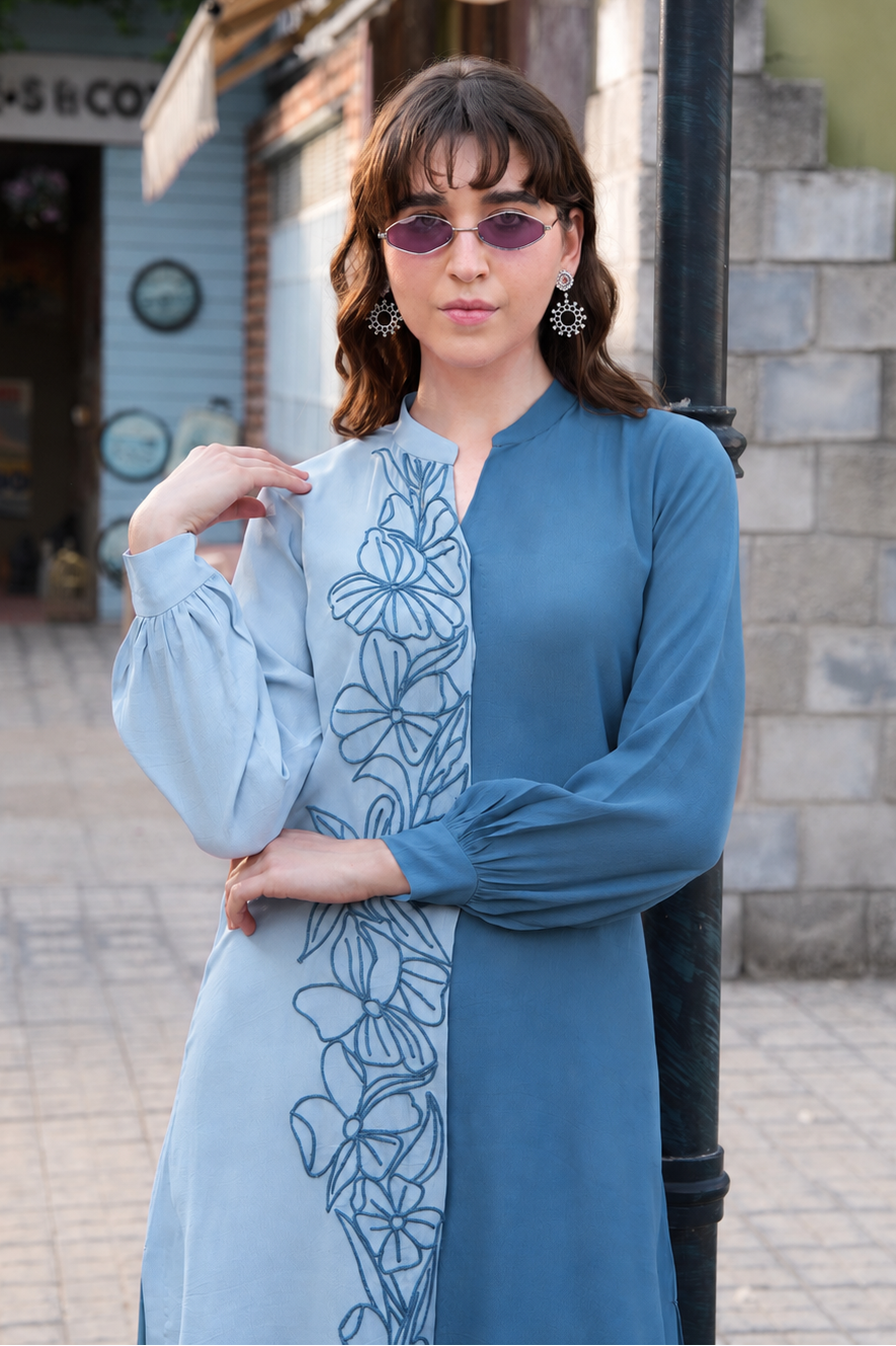 Line Art Dual Tone Kurta Set - BLUEBERRY