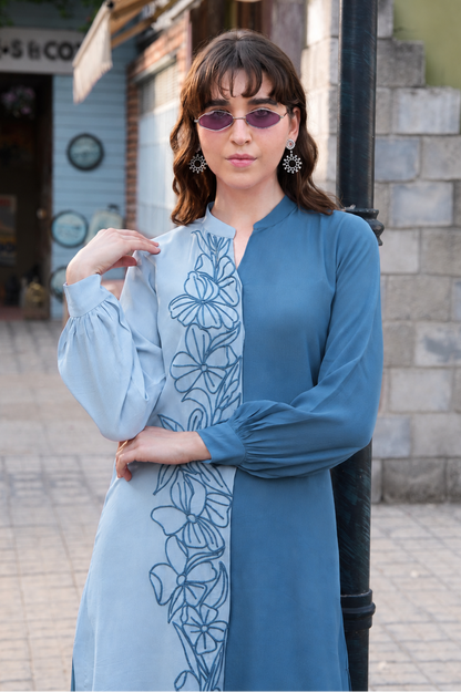 Line Art Dual Tone Kurta Set - BLUEBERRY