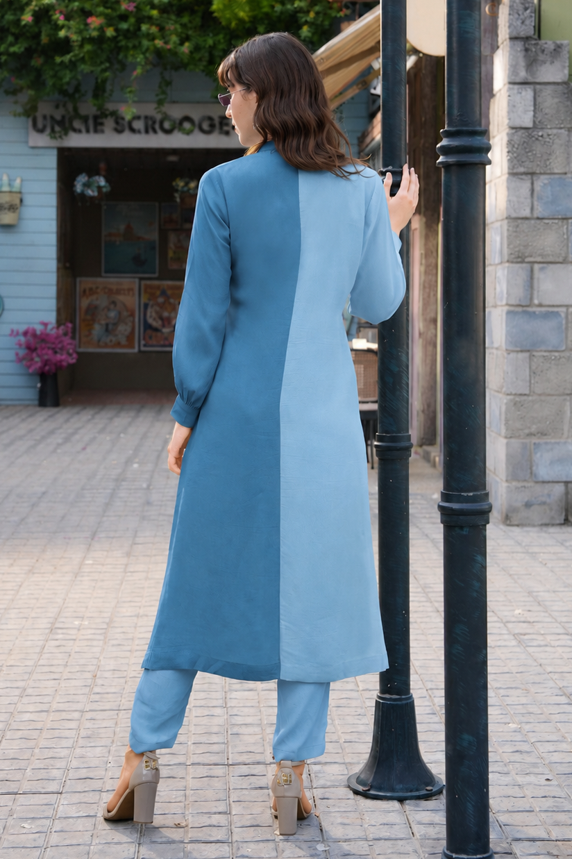 Line Art Dual Tone Kurta Set - BLUEBERRY