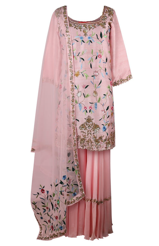 Raw Silk Short Shirt With Embroidered Sharara