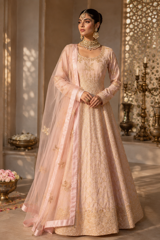 Silk Anarkali Gown With Gota Embroidery - BLUSH