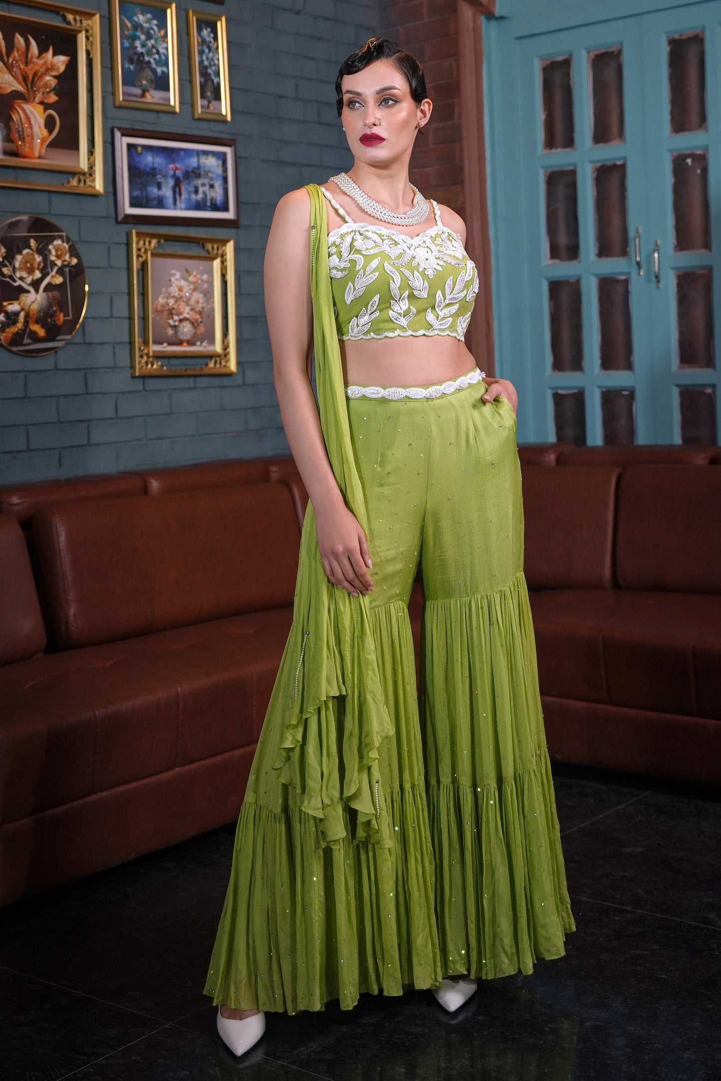 Boho Crop Top With Tiered Sharara - LIME GREEN