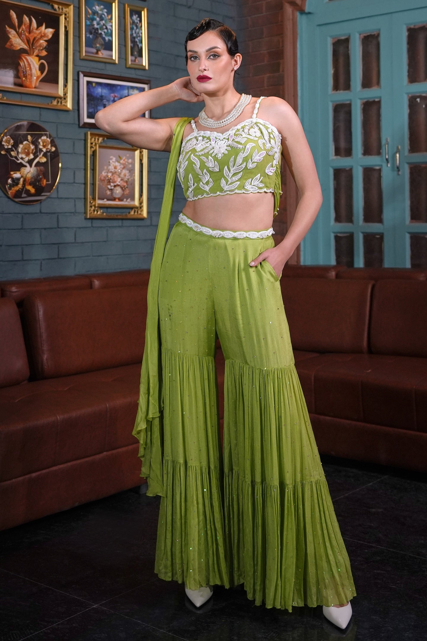 Boho Crop Top With Tiered Sharara - LIME GREEN