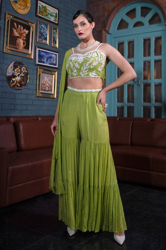 Boho Crop Top With Tiered Sharara - LIME GREEN
