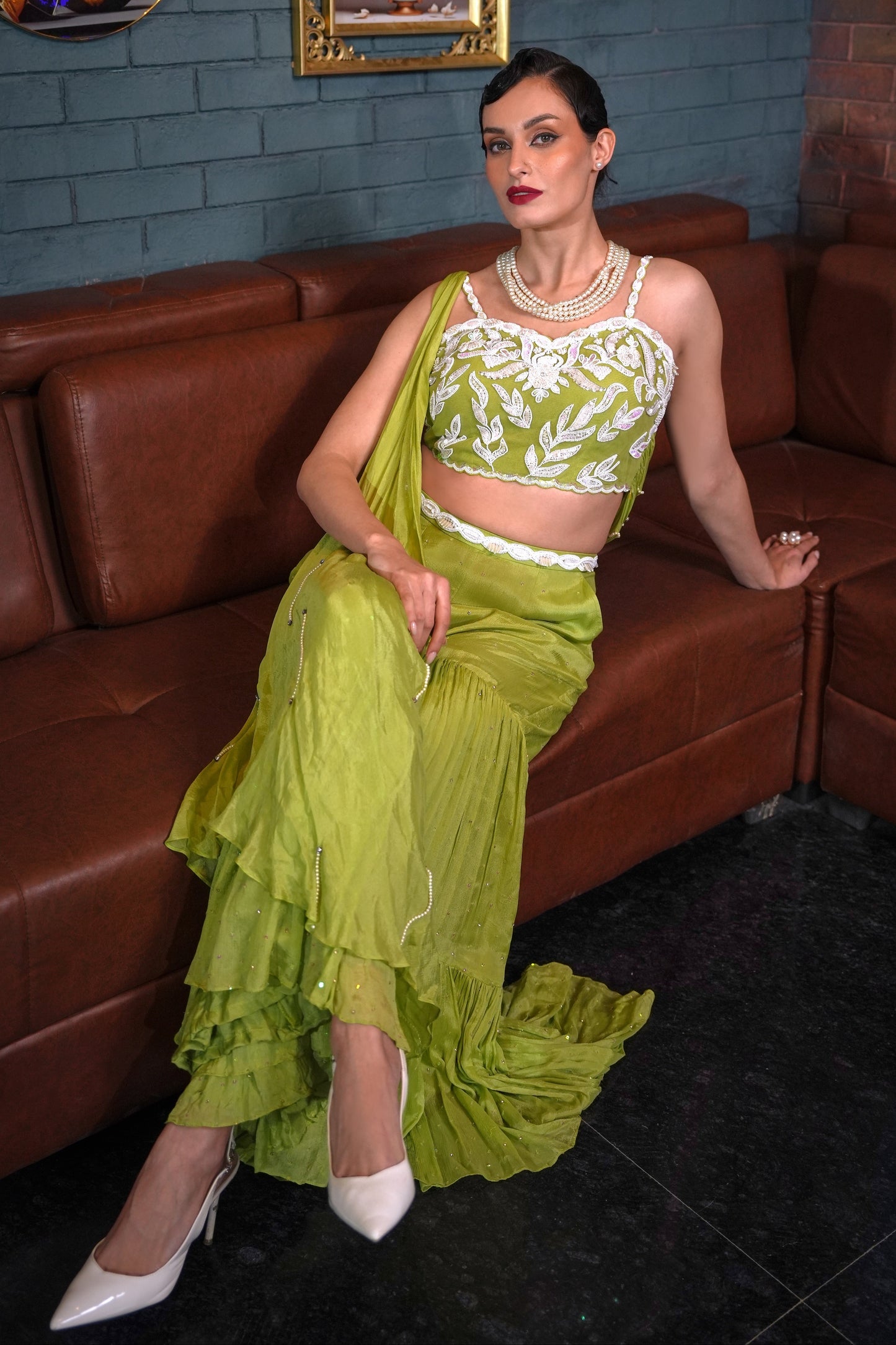 Boho Crop Top With Tiered Sharara - LIME GREEN