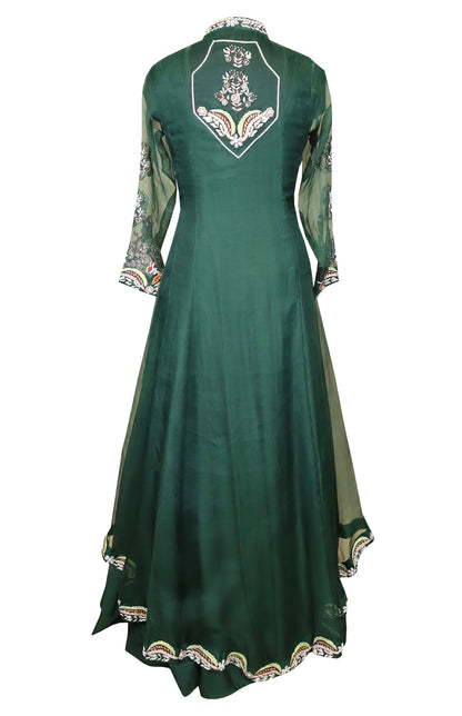 Bottle Green Satin Organza Gown