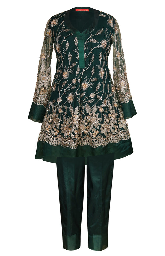 Bottle Green Embroidered Short Anarkali