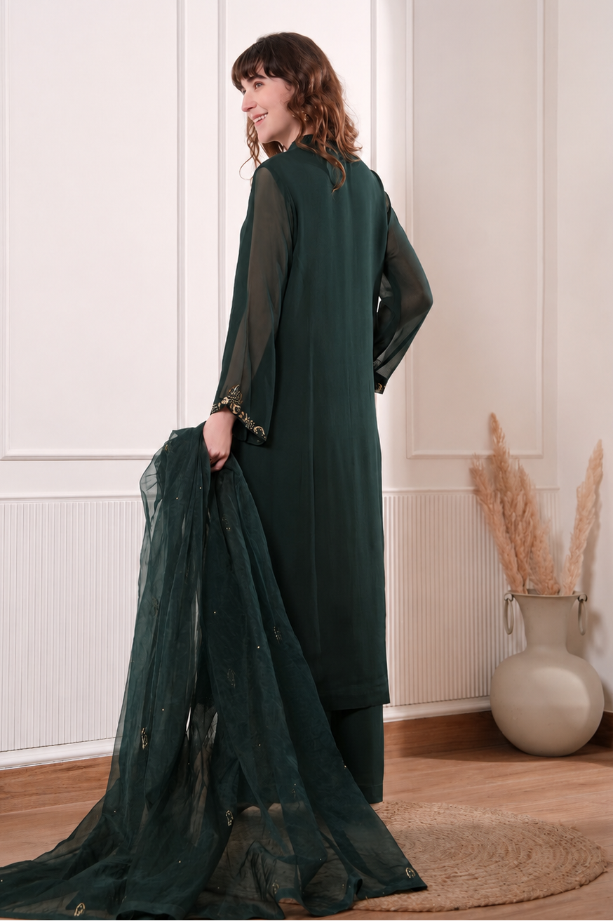 Georgette Kalidar Suit With Mukaish Embroidery - BOTTLE GREEN
