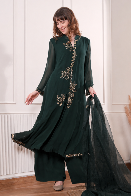 Georgette Kalidar Suit With Mukaish Embroidery - BOTTLE GREEN