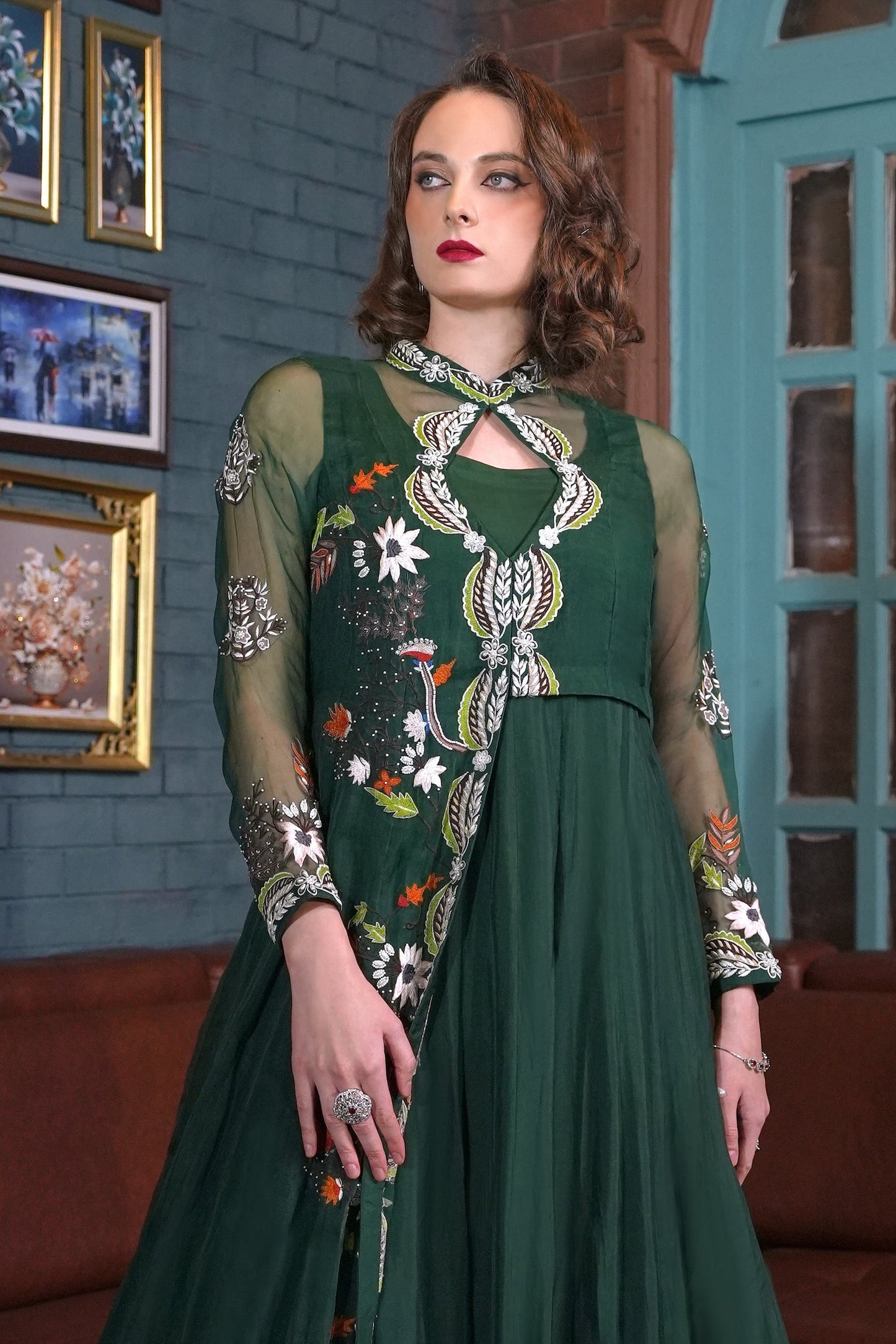 Bottle Green Satin Organza Gown