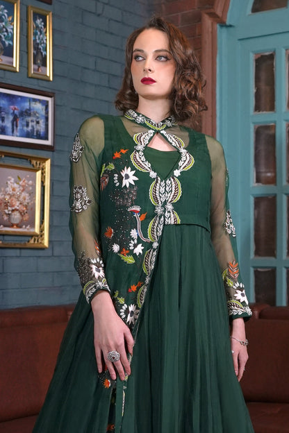 Bottle Green Satin Organza Gown
