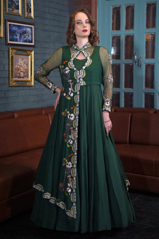 Bottle Green Satin Organza Gown