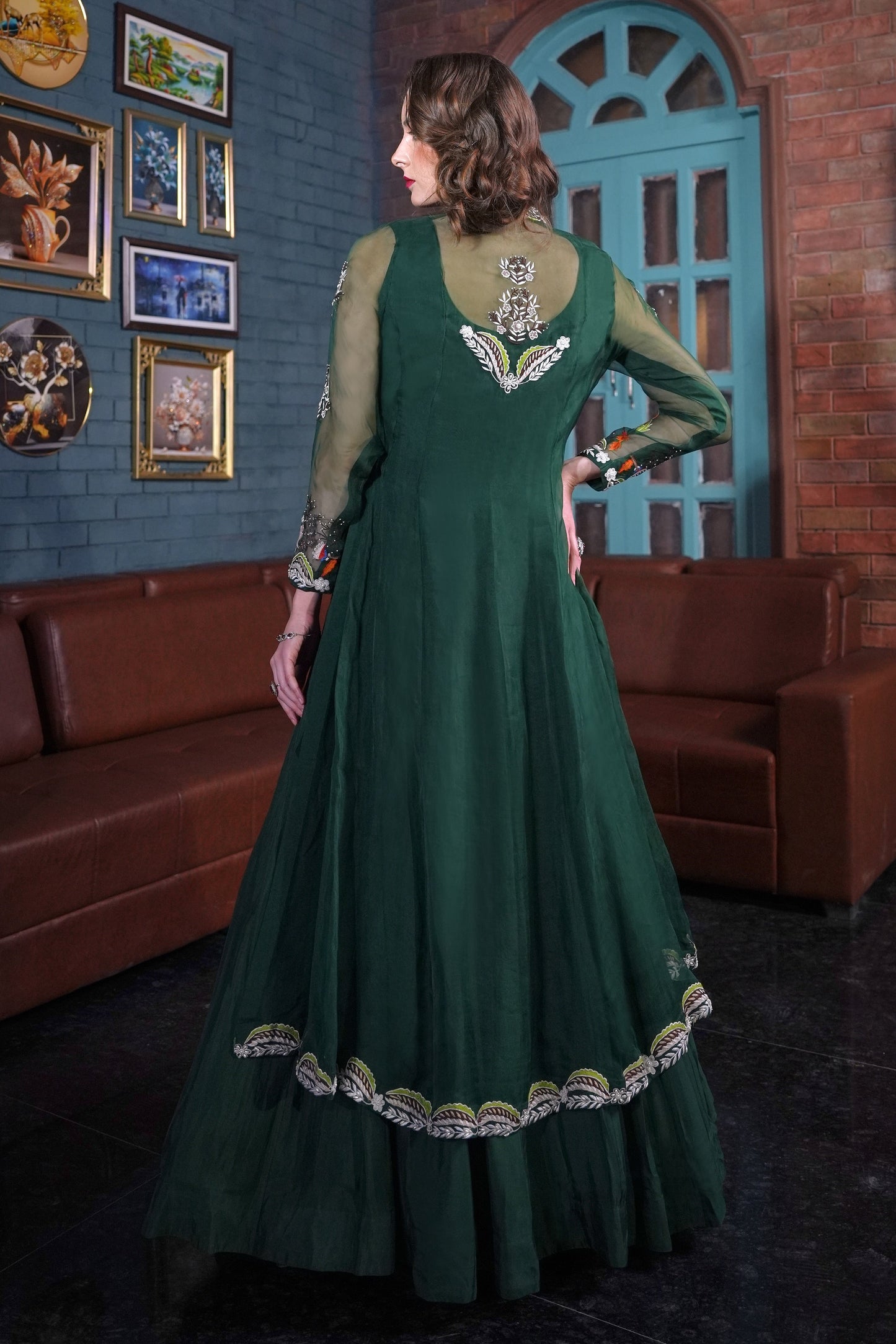 Bottle Green Satin Organza Gown