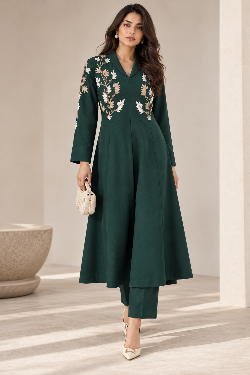 A-Line Kurta Set With Shawl Collar