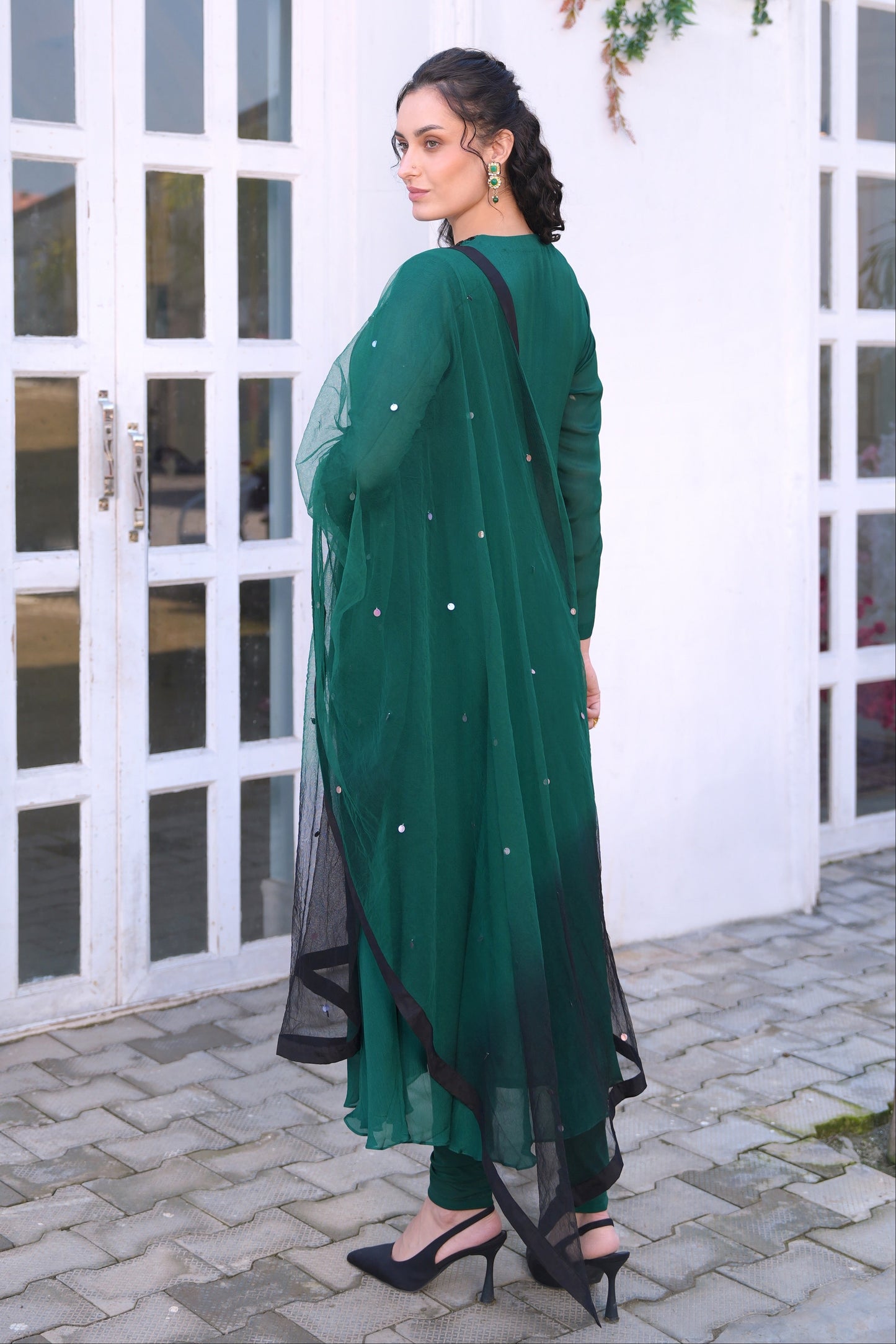 Chiffon Anarkali With Ombré Dupatta - BOTTLE GREEN