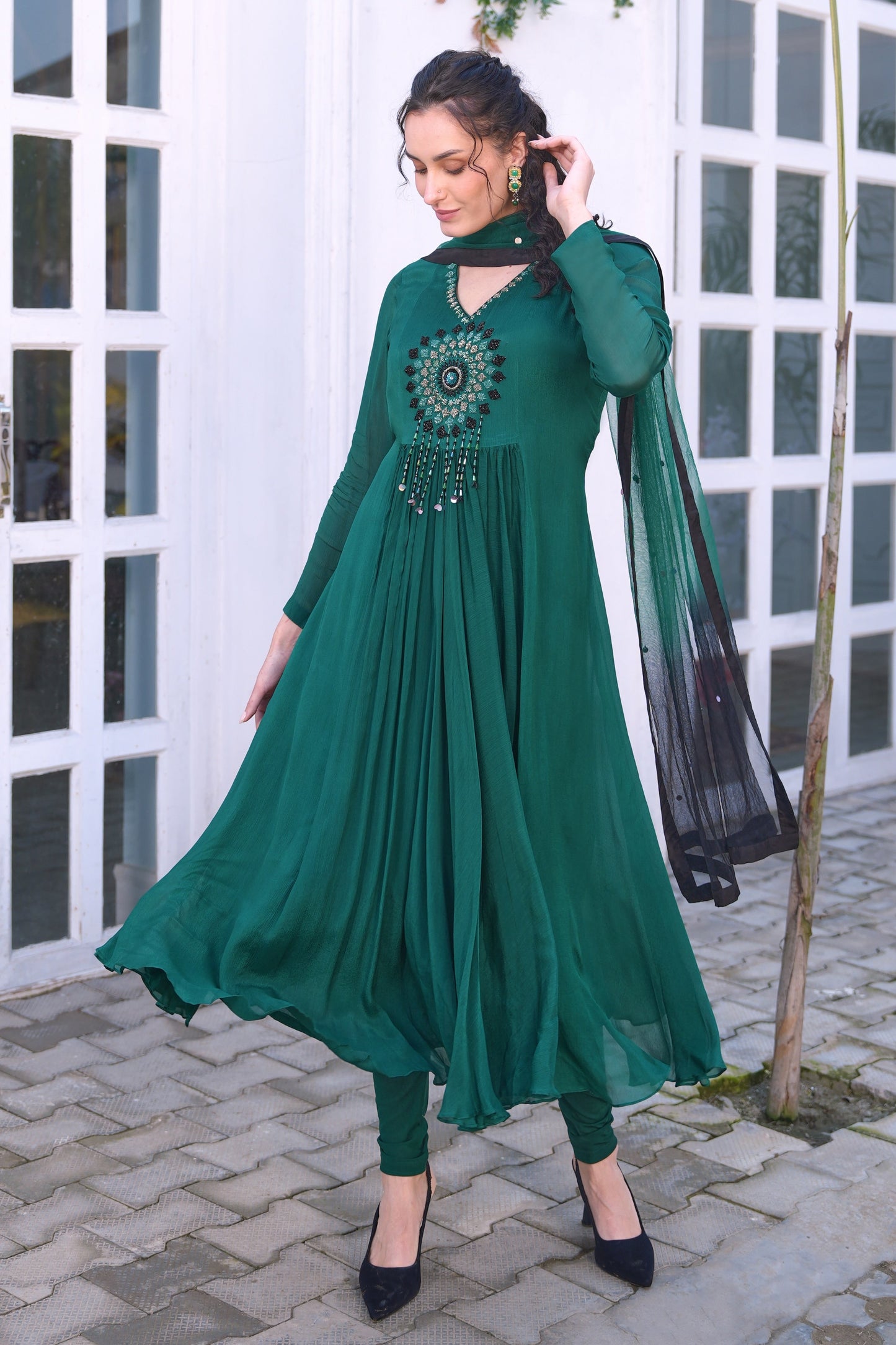 Chiffon Anarkali With Ombré Dupatta - BOTTLE GREEN