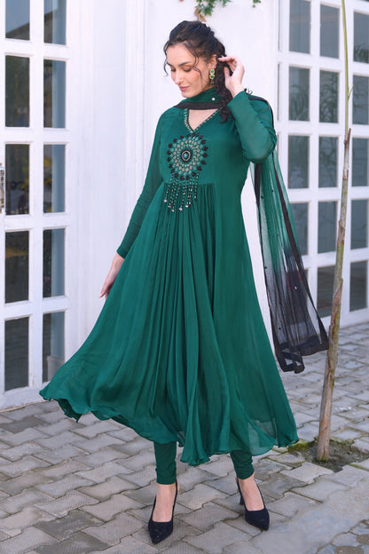 Chiffon Anarkali With Ombré Dupatta - BOTTLE GREEN