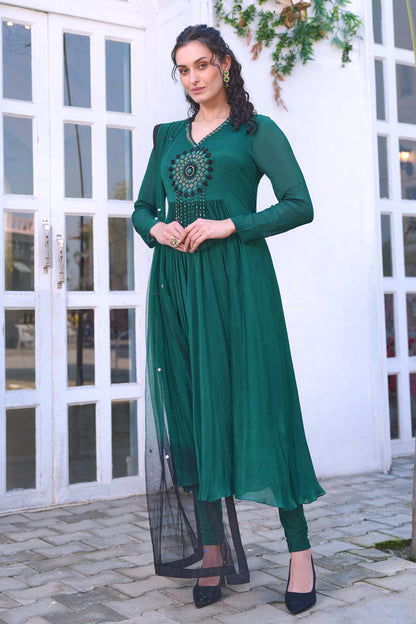 Chiffon Anarkali With Ombré Dupatta - BOTTLE GREEN