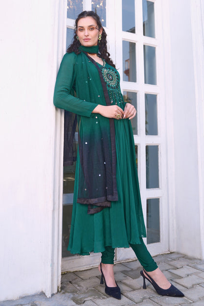 Chiffon Anarkali With Ombré Dupatta - BOTTLE GREEN