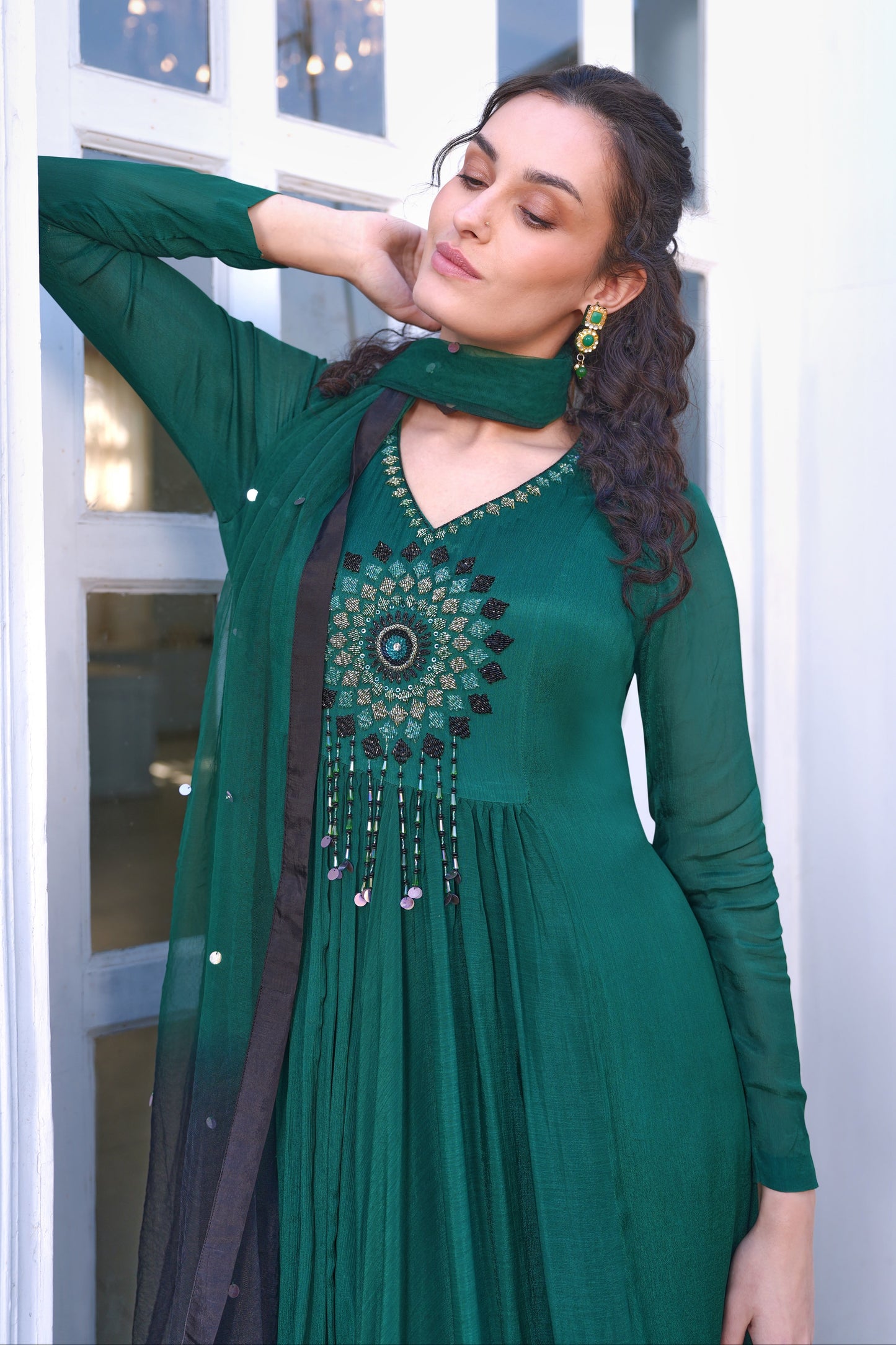 Chiffon Anarkali With Ombré Dupatta - BOTTLE GREEN