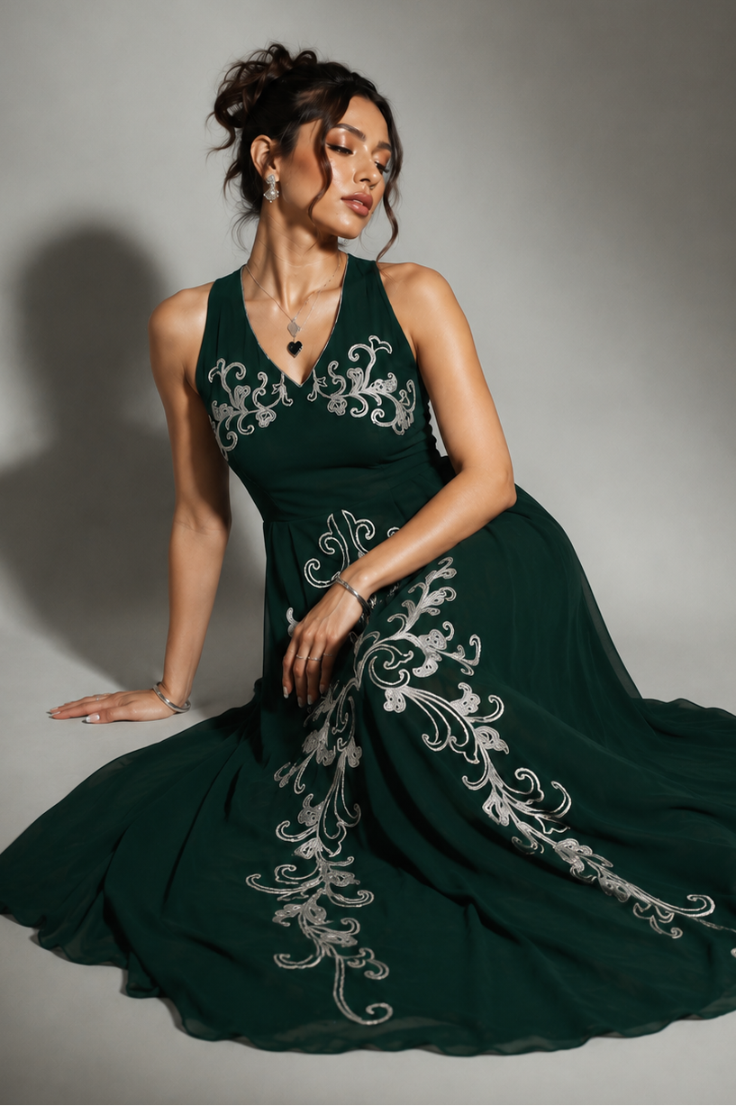 Georgette Halter Maxi - BOTTLE GREEN