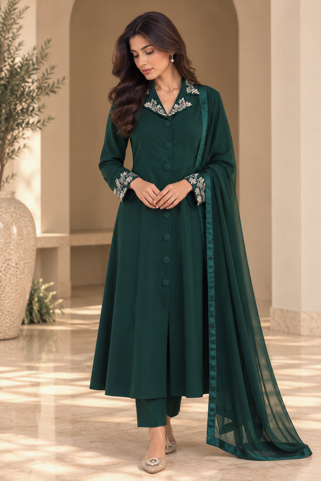 Grape Vine Embroidery Kurta Set With Collar