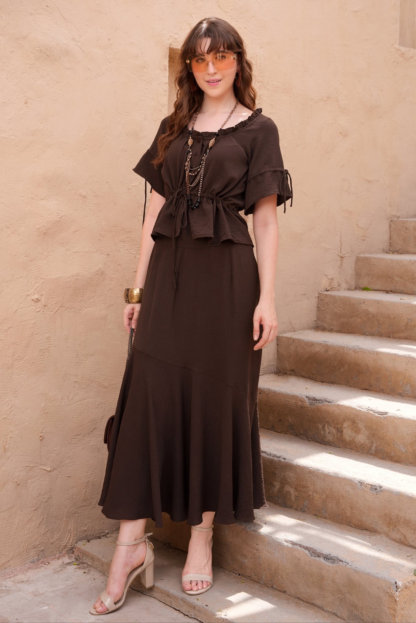 Biased Skirt Co-ord Set - BROWN