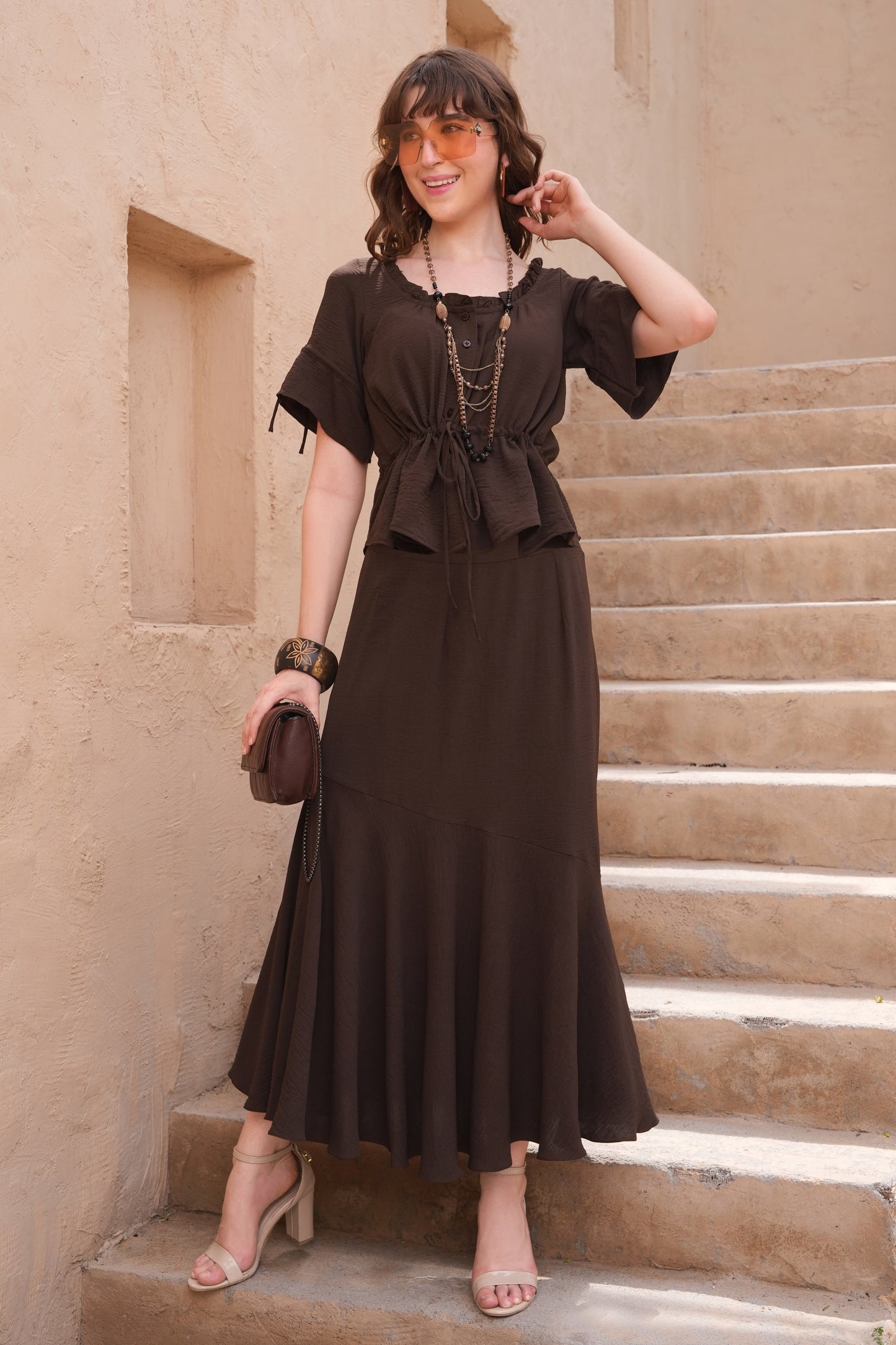 Biased Skirt Co-ord Set - BROWN