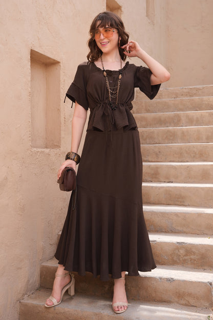Biased Skirt Co-ord Set - BROWN