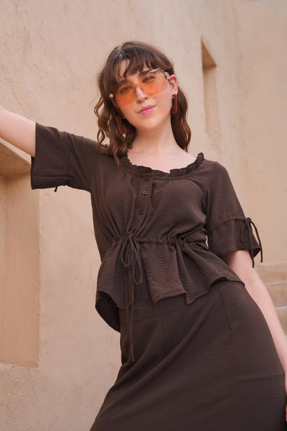 Biased Skirt Co-ord Set - BROWN