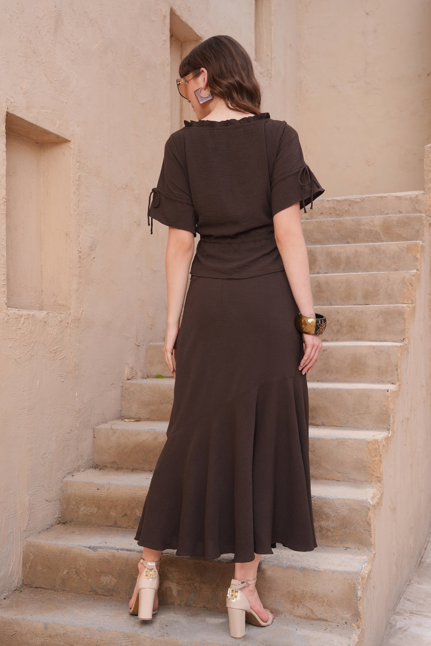 Biased Skirt Co-ord Set - BROWN