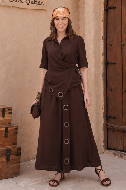 Soft Linen Wrap Co-ord Set - BROWN