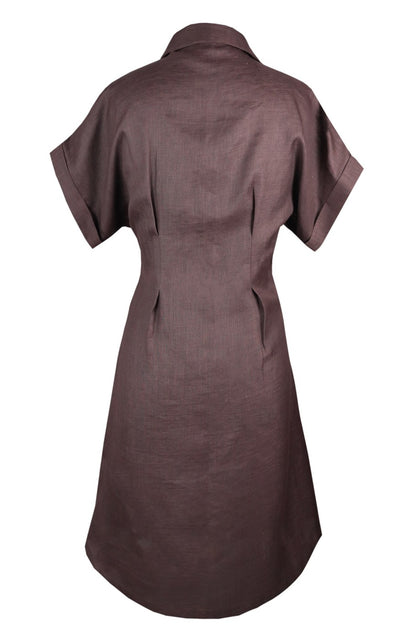 Linen Midi Dress with Waist Pleats - BROWN