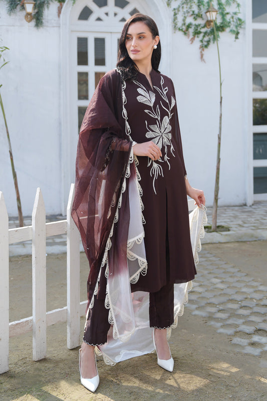Seed Pearl Georgette Achkan Suit - BROWN