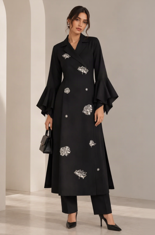 Bugs Embroidery Asymmetric Woollen Kurta Set