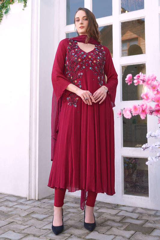 Chiffon Anarkali - BURGUNDY