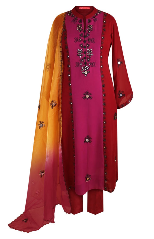 Burgundy Colour Block Suit With Mirror Work