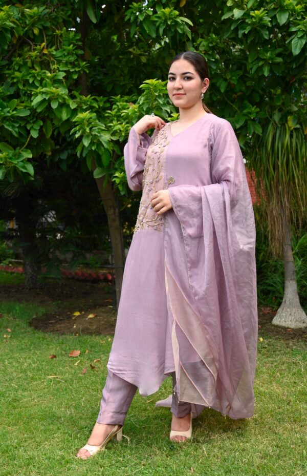 Colour Block Chiffon Suit With Dabka Embroidery