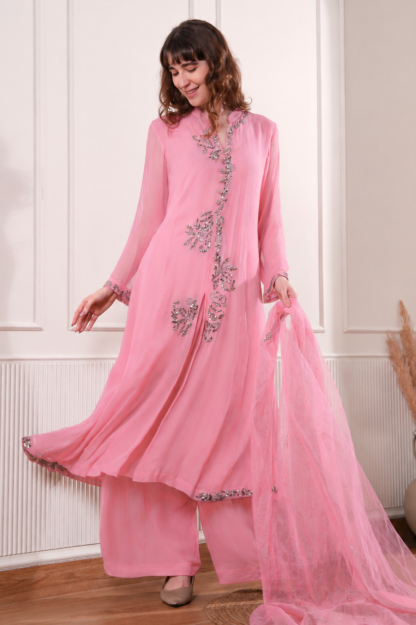 Georgette Kalidar Suit With Mukaish Embroidery - BOTTLE GREEN