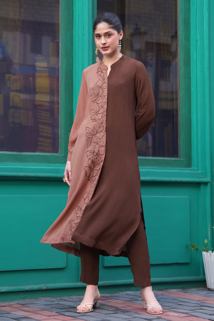 Line Art Dual Tone Kurta Set - CARAMEL