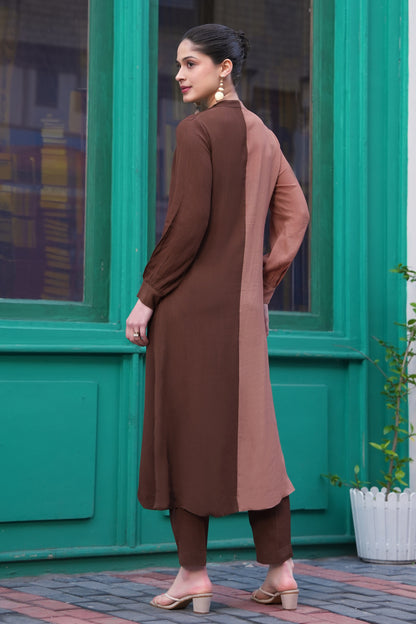 Line Art Dual Tone Kurta Set - CARAMEL
